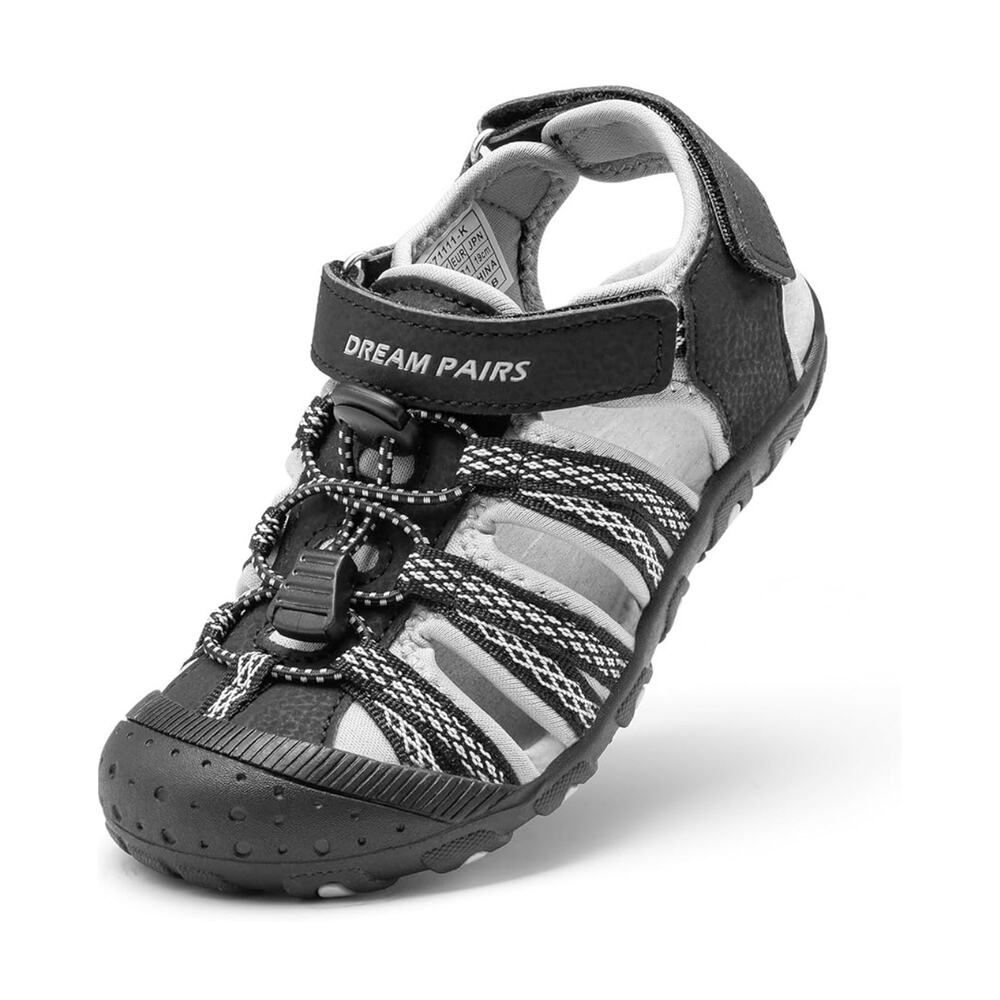 DREAM PAIRS Kids Outdoor Sport Sandals, Closed Toe Adjustable, Black/White, 13